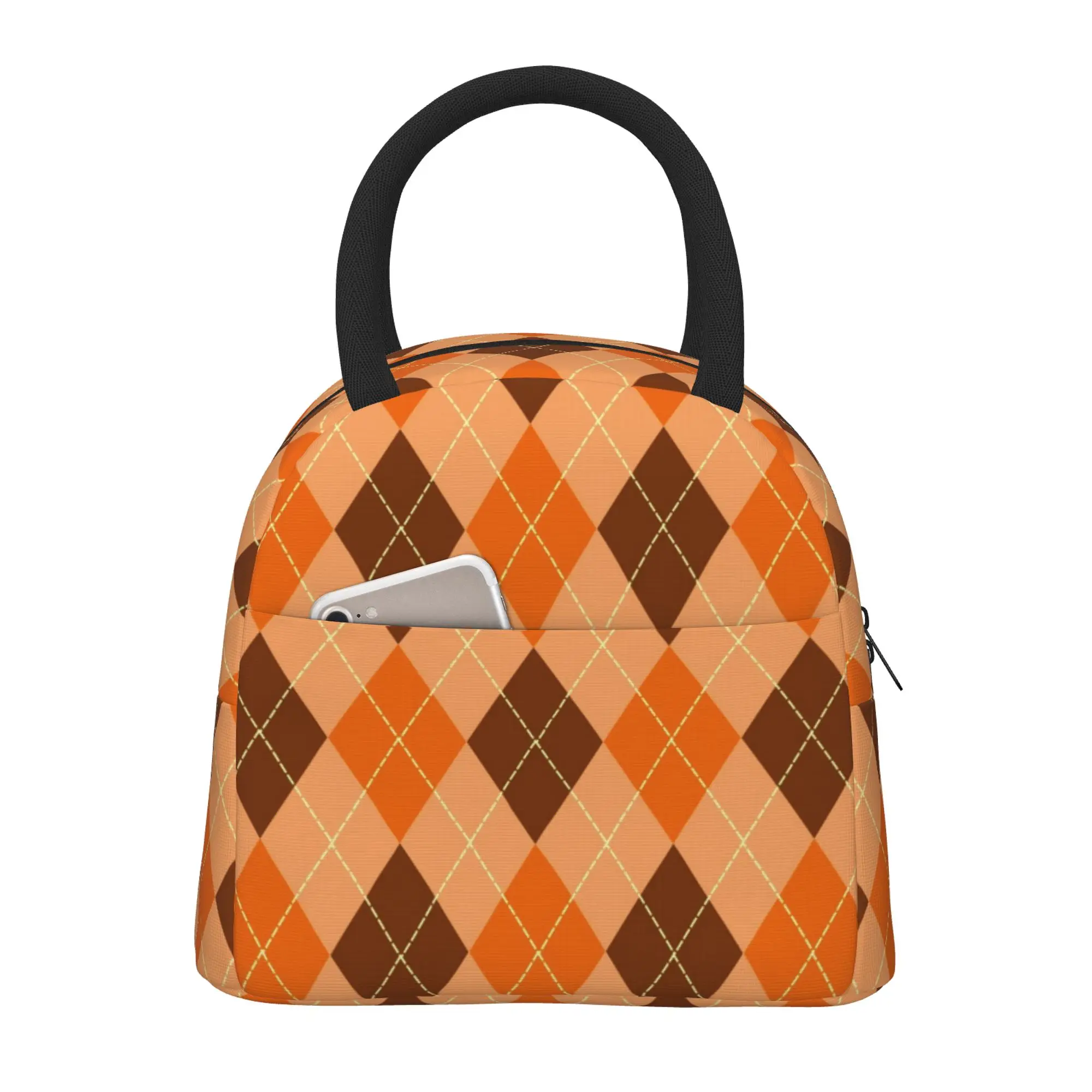 

Оранжевая и коричневая клетчатая сумка для ланча в стиле буйвола, изолированный Ланч-бокс, многофункциональные сумки-тоуты для ланча, многоразовая Термосумка-холодильник