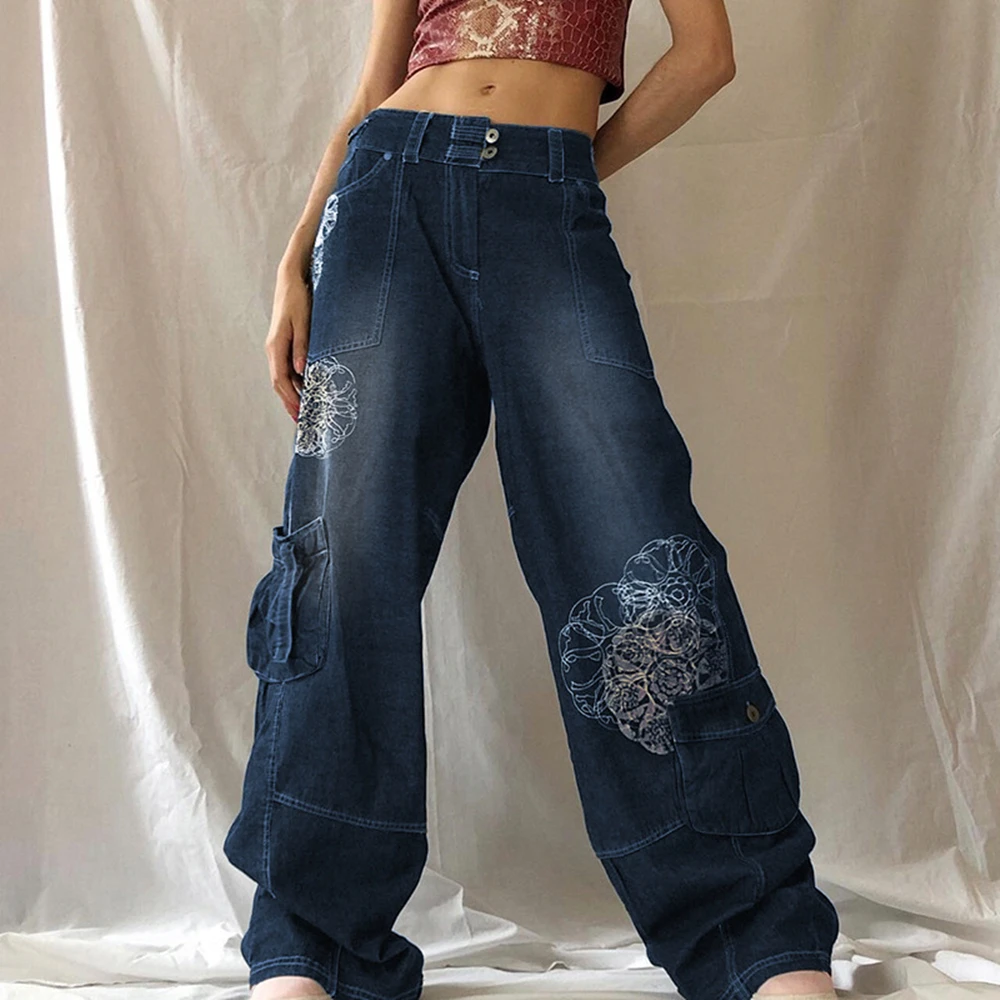 

Streetwear Casual Sweatpants 2022 Pantalon Pour Femme Retro Graphic Print Y2K Baggy Jeans Grunge High Waist Cargo Denim Trousers