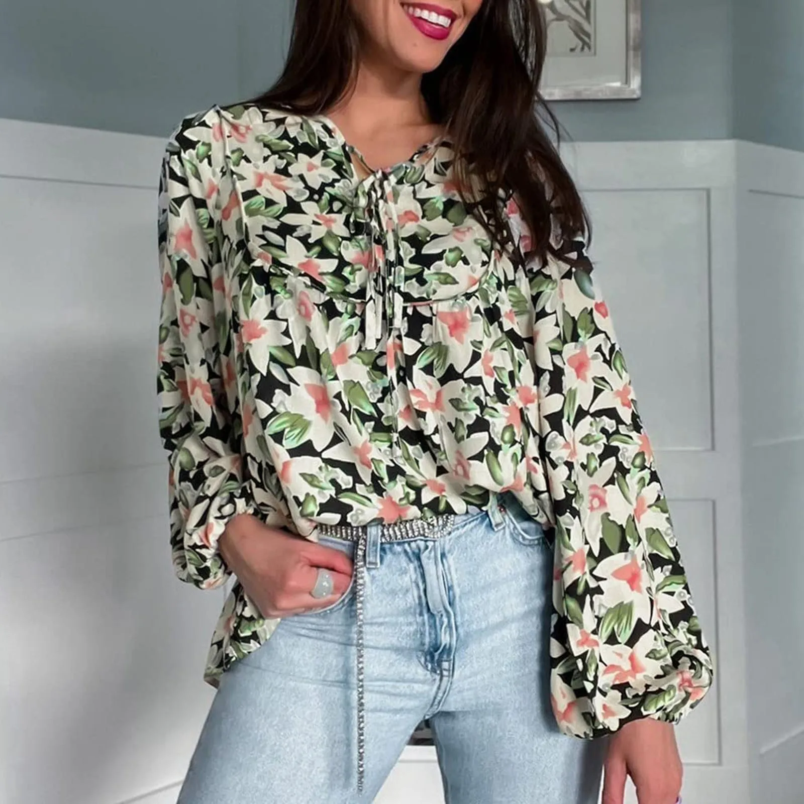 Summer Boho Blouse Womens Floral Ruffled Tunic Blouse Tie V Neck Casual Long Sleeve Lace Up Tops Bohemian Beach Blusas Clothing
Summer Boho Blouse Womens Floral Ruffled Tunic Blouse Tie V Neck Casual Long Sleeve Lace Up Tops Bohemian Beach Blusas Clothing