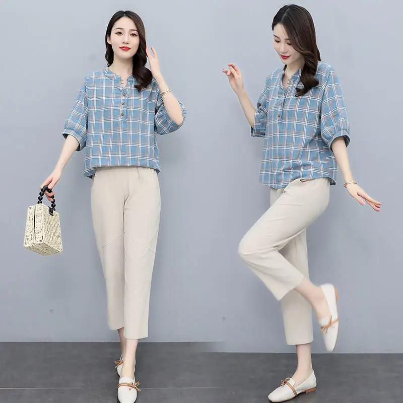 Women 2022 Summer Fashion Tracksuit Female Cotton Linen Two Piece Set Plaid Blouse Top and Pants Suits Casual Sets Outfits O95
Women 2022 Summer Fashion Tracksuit Female Cotton Linen Two Piece Set Plaid Blouse Top and Pants Suits Casual Sets Outfits O95