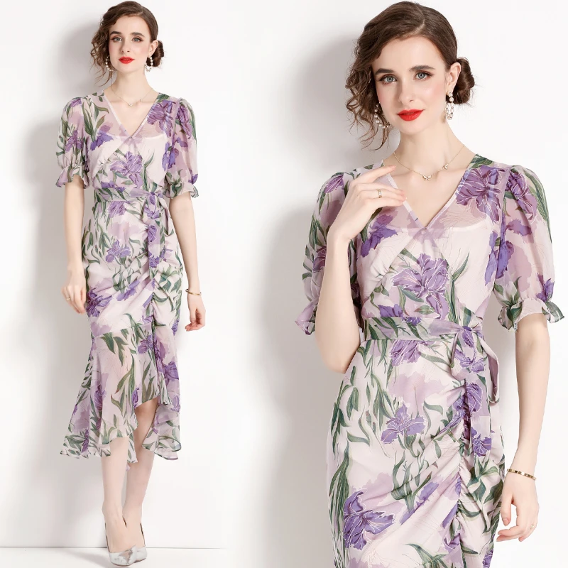 Women's Summer New High-end Temperament V-neck Lantern Short Sleeve French Print Lace Up Slim Pleated Ruffle Fashion Dress
Women's Summer New High-end Temperament V-neck Lantern Short Sleeve French Print Lace Up Slim Pleated Ruffle Fashion Dress