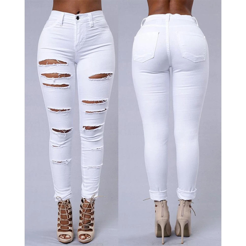 

Summer Women Zipper Fly Ladder Cutout Ripped Skinny Jeans Sexy Casual Pocket Denim White Pants Outfits Streetwear Chic Clothing