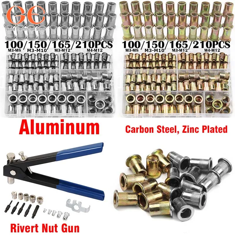 

100/150/165/210pcs Thread Rivet Nut Flat Head Metric Blind Nuts M3 M4 M5 M6 M8 M10 M12 Steel Galvanized Rivnut Screw