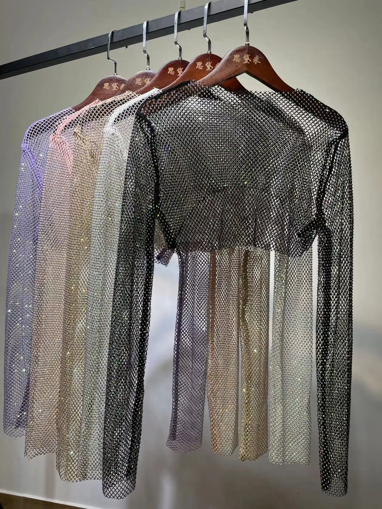 

Summer Woman Crystal Glitter Short Rhinestone Fishnet Y2K Tops Shiny Diamonds Long-Sleeve T-Shirts Shawl Sexy Party Club Clothes