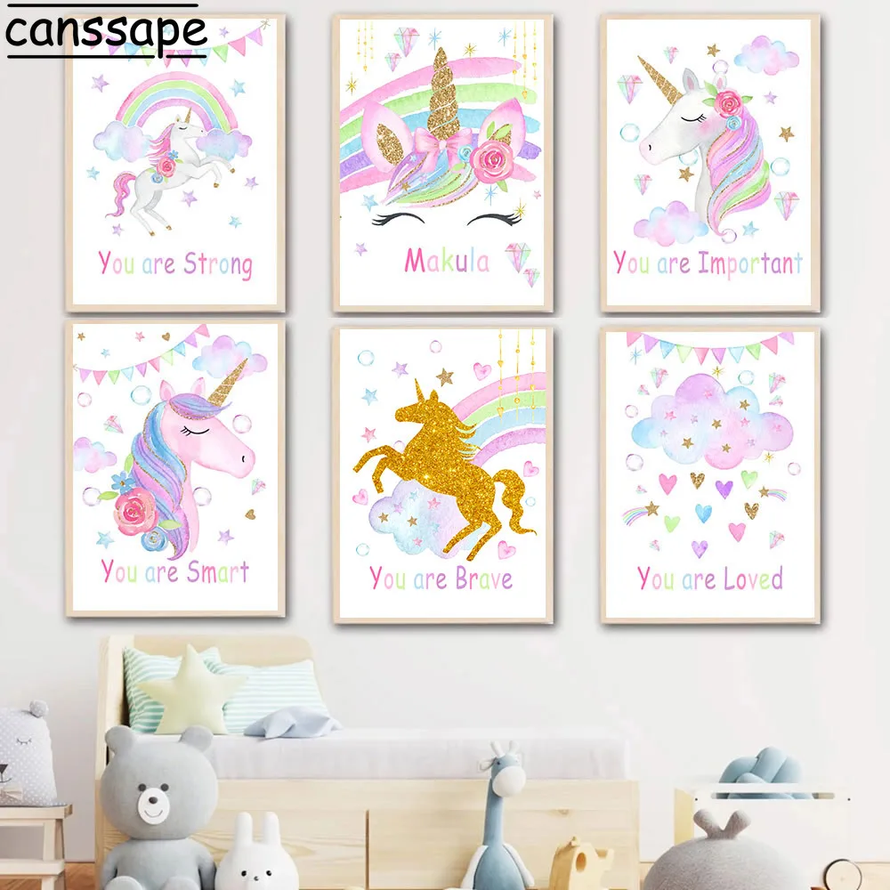 Name Custom Wall Art Posters Colorful Prints Gold Horse Painting Rainbow Unicorn Poster Baby Girl Room Decoration Nursery Decor
Name Custom Wall Art Posters Colorful Prints Gold Horse Painting Rainbow Unicorn Poster Baby Girl Room Decoration Nursery Decor