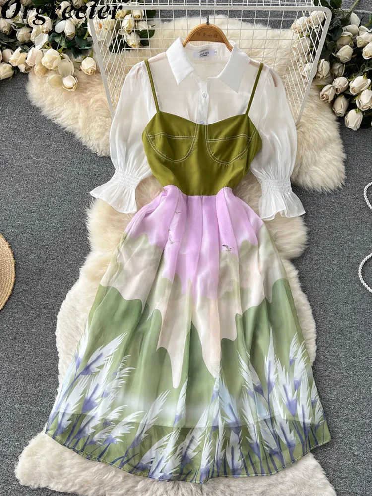 Elegant Women's 2 Piece Sets Summer New White Chiffon Blouse Shirt &Sleeveless Print Midi Suspender Dress Suits Female
Elegant Women's 2 Piece Sets Summer New White Chiffon Blouse Shirt &Sleeveless Print Midi Suspender Dress Suits Female