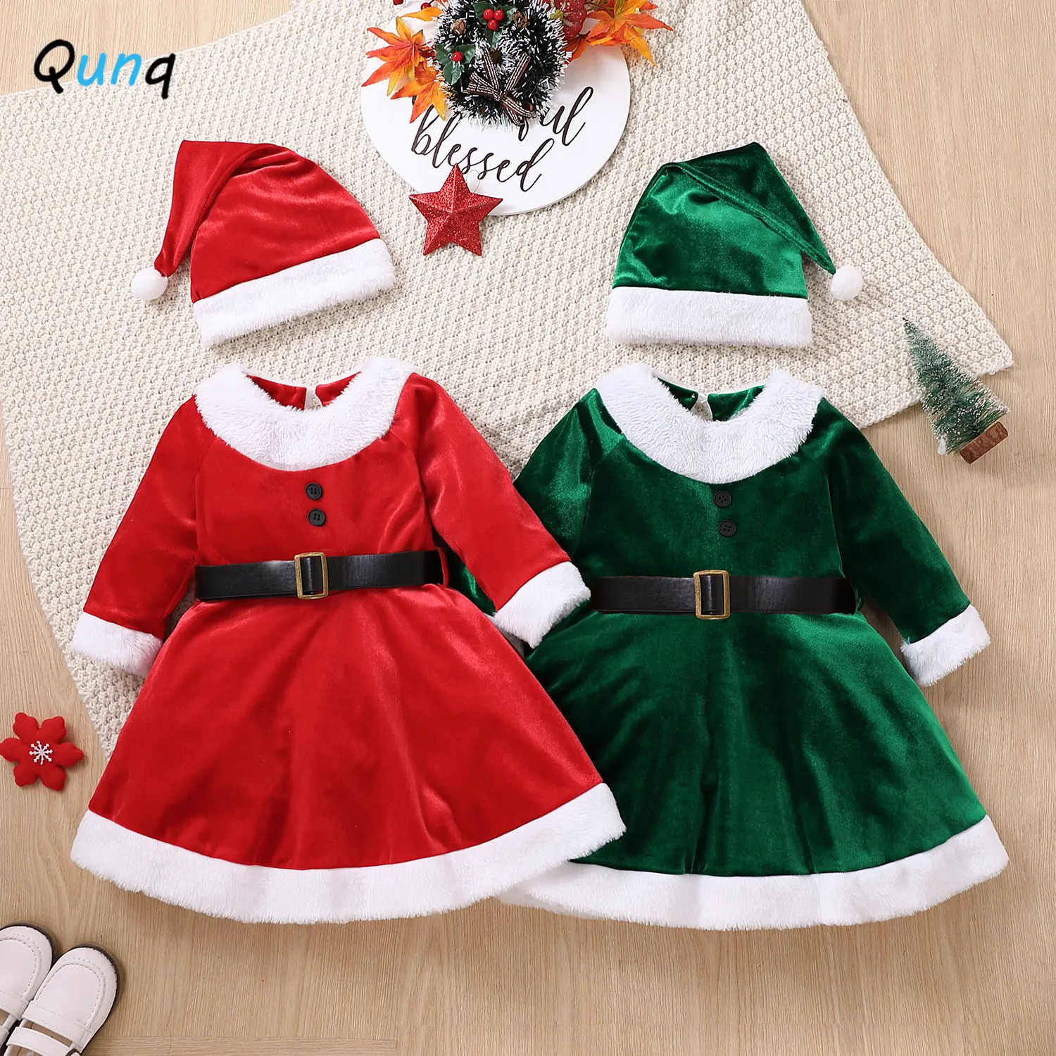 

Qunq Autumn Winter Girls Christmas Clothes O Neck Long sleeve Splicing Belt Lovely Dress And Cap Casual Kids Clouthes Age 3T-8T