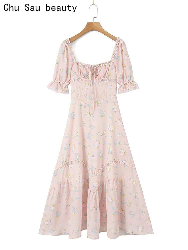 

Женское приталенное платье с квадратным вырезом, длинное винтажное платье с цветочным принтом и деревянными ушками, лето 2023