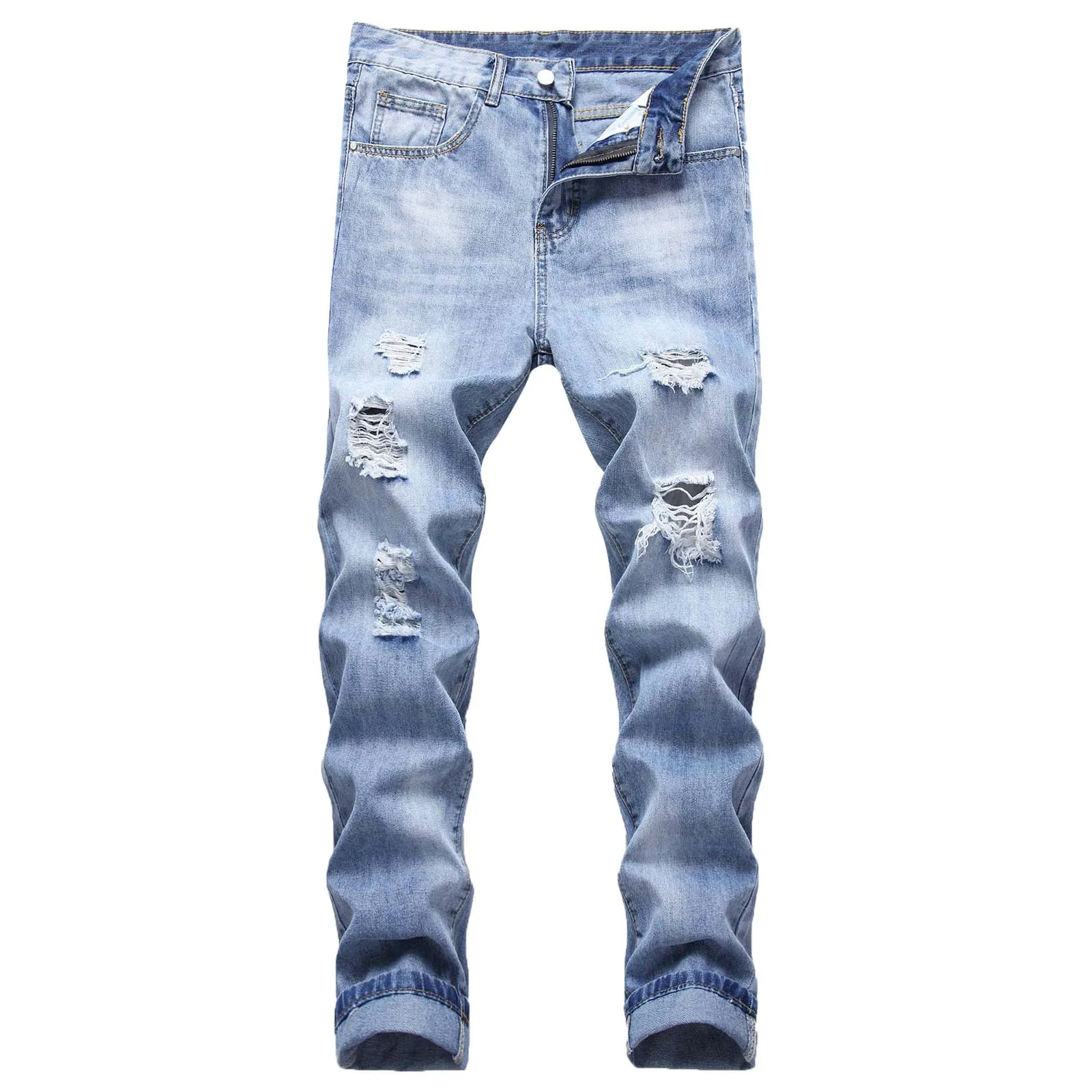 Mens Fashion Casual Straight Hole Buckle Zipper Denim Long Pants Trousers 
Mens Fashion Casual Straight Hole Buckle Zipper Denim Long Pants Trousers