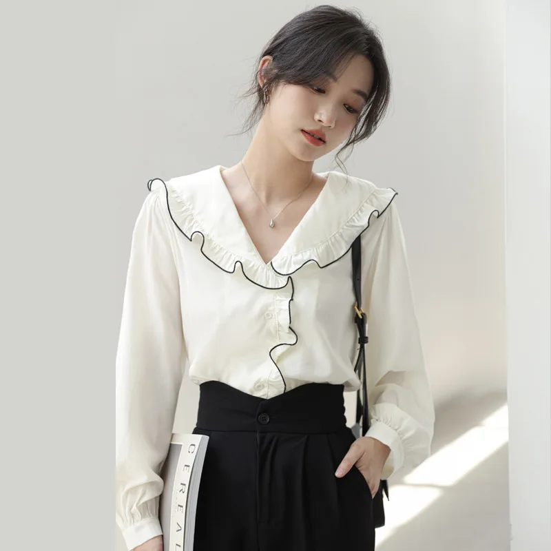 Niche Ruffled Lapel Shirt Loose Long-sleeved French Blouse Straight Type Solid Color Women's Tops 2023 Spring New Top Clothing
Niche Ruffled Lapel Shirt Loose Long-sleeved French Blouse Straight Type Solid Color Women's Tops 2023 Spring New Top Clothing