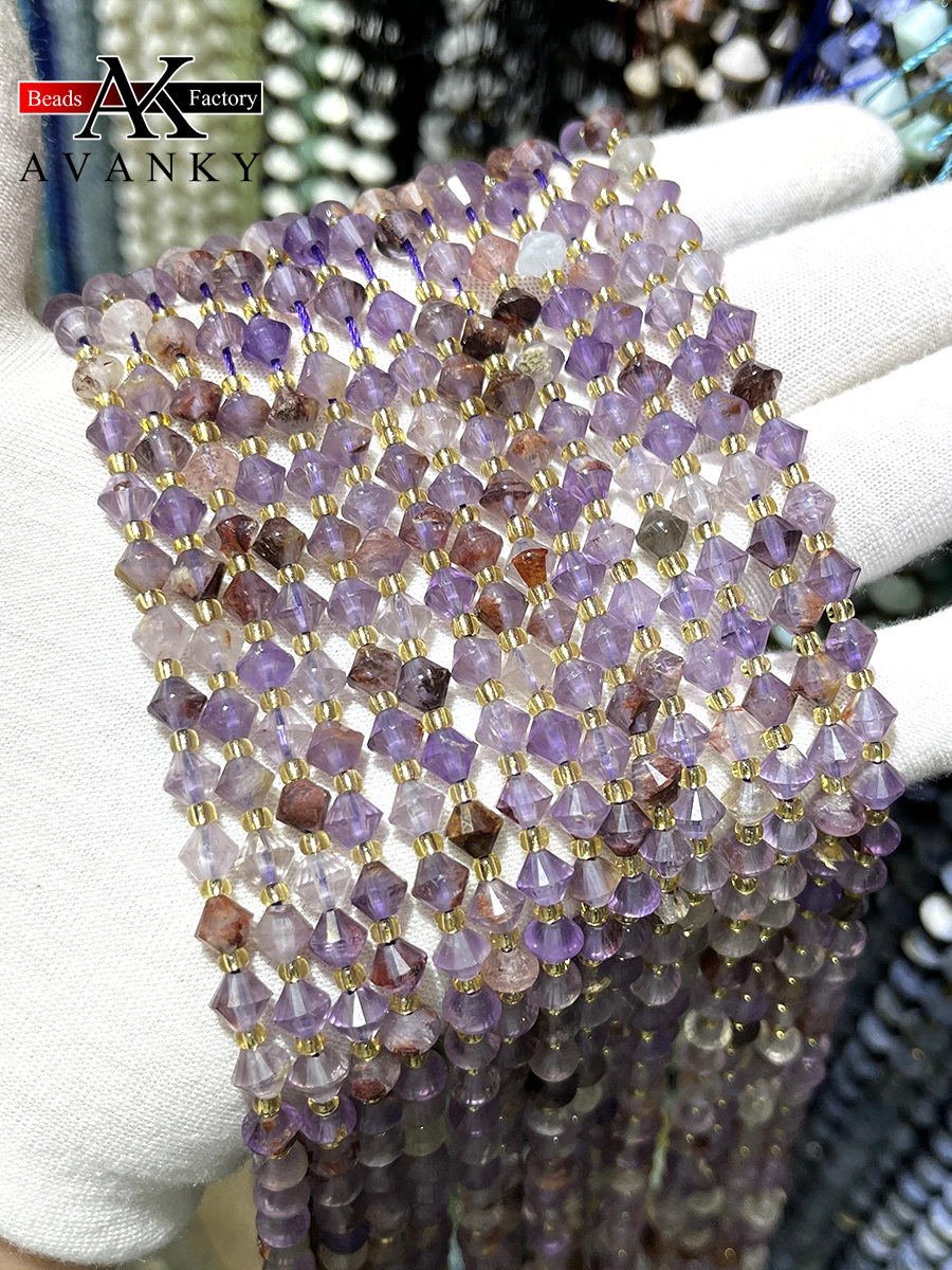 

Natural Purple Ghost Crystal Round Stone Pyramid Beads Faceted Loose Spacer For Jewelry Making DIY Necklace Bracelet 15'' 6mm