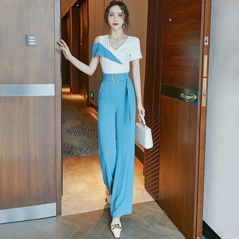 Fashion Women Office Two Pieces Sets White Tops Wide Leg Pants Suits Summer Short Sleeve V-neck Patchwork Tops Trousers Set New
Fashion Women Office Two Pieces Sets White Tops Wide Leg Pants Suits Summer Short Sleeve V-neck Patchwork Tops Trousers Set New