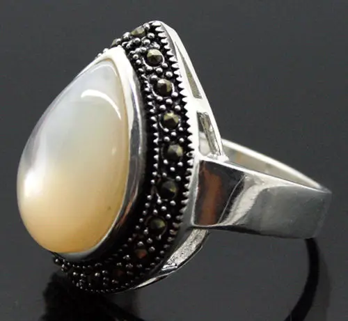 

wholesale good unsex 25*20mm RARE NATURAL WHITE SHELL GEMS MARCASITE 925 STERLING SILVER RING SIZE 7/8/9/10# Genuine men rings