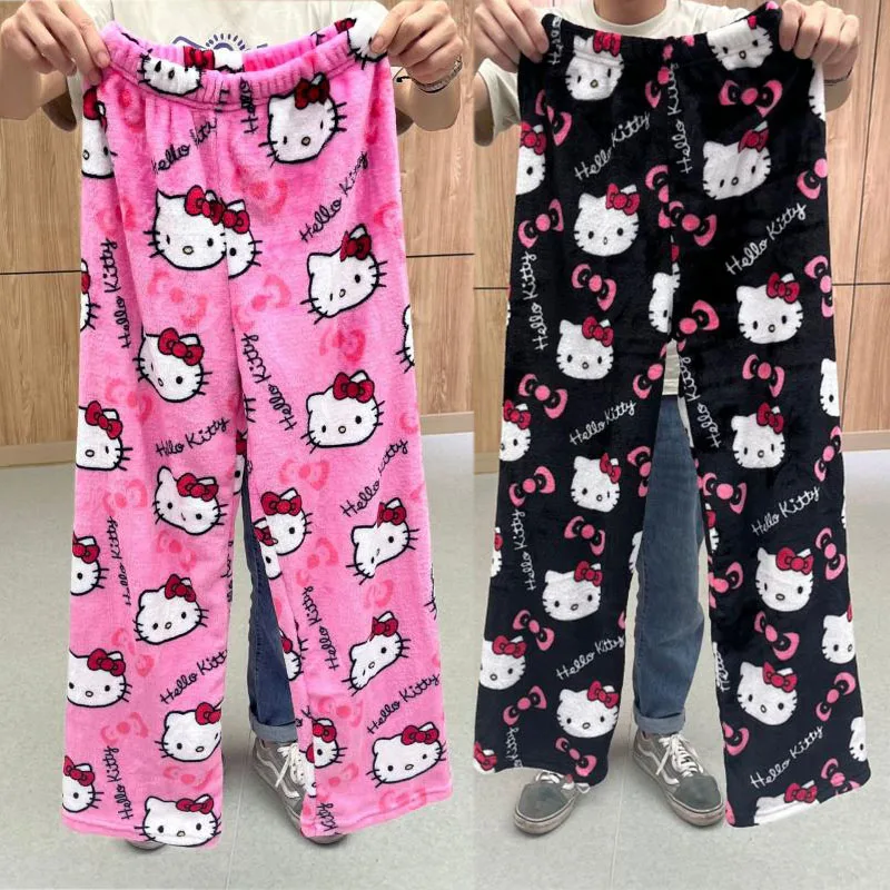 

5 Colors Hello Kitty Pajama Pants Kawaii Kt Cat Women Warm Casual Pants Autumn Winter Soft Plush Trousers Coral Velvet Britches