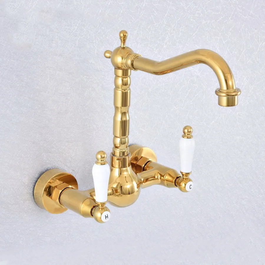 Golden Brass Dual Handle Double Hole Faucet Wall Mounted Swivel Kitchen Bathroom Sink Cold And Hot Water Mixer Tap 2sf608
Golden Brass Dual Handle Double Hole Faucet Wall Mounted Swivel Kitchen Bathroom Sink Cold And Hot Water Mixer Tap 2sf608