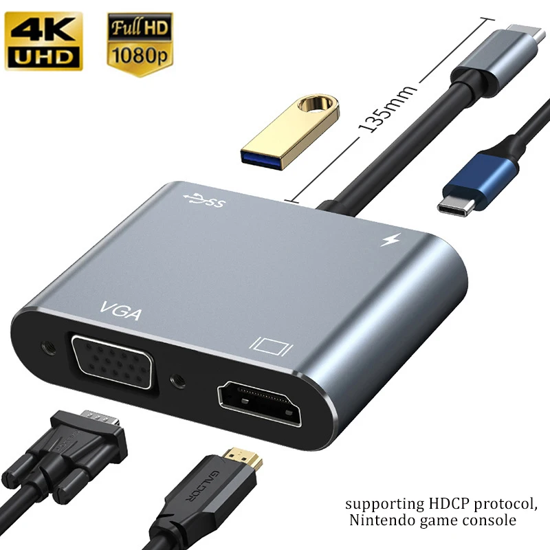 USB C Hub to VGA HDMI-compatible USB 3.0 Adapter 4 in 1 Docking Station for Macbook Phone Xiaomi Laptop TV PC Cable Adapter
USB C Hub to VGA HDMI-compatible USB 3.0 Adapter 4 in 1 Docking Station for Macbook Phone Xiaomi Laptop TV PC Cable Adapter