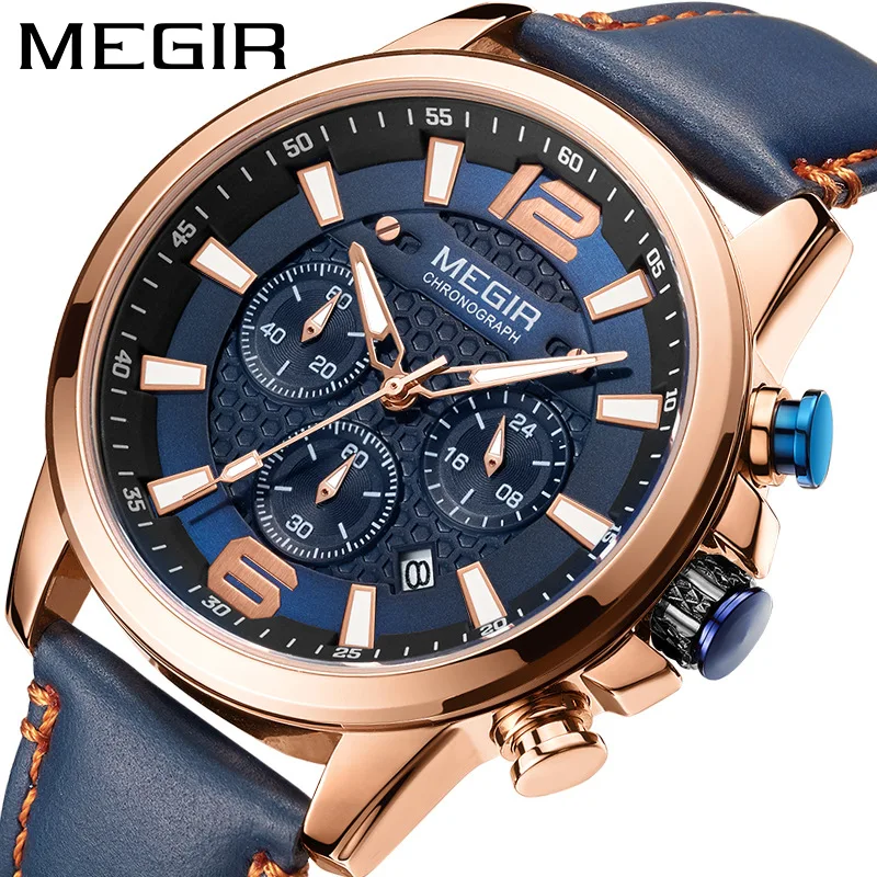 MEGIR Multifunctional Business Men's Quartz Watch Blue Leather Strap Calendar Waterproof Luminous Wristwatches Men's Clock 2156G
MEGIR Multifunctional Business Men's Quartz Watch Blue Leather Strap Calendar Waterproof Luminous Wristwatches Men's Clock 2156G