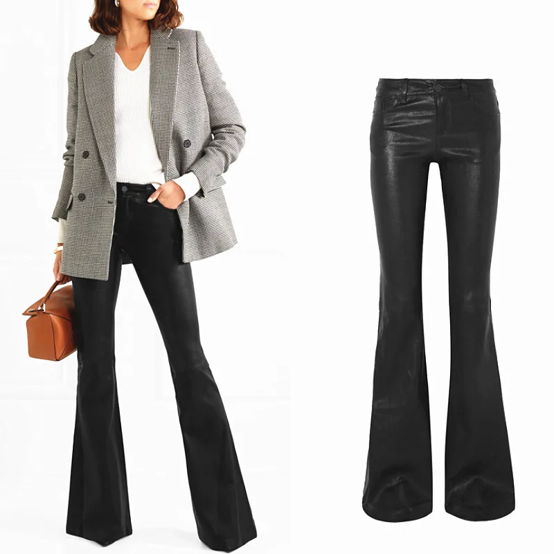 

XS-6XL 2023 New Spring Autumn Women's Pants Europe The United States Casual PU Leather Mid-Waist Slim Flare Pants Bag Buttock