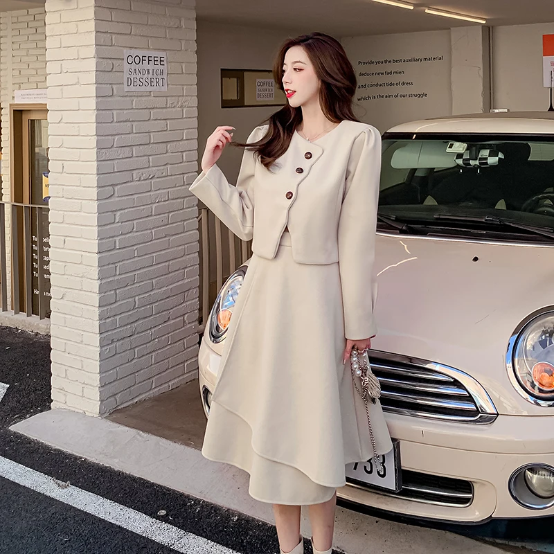 Женский Повседневный шерстяной костюм, шикарный однобортный пиджак с длинным рукавом и юбка трапециевидной формы с высокой талией, Осень-зима 
Женский Повседневный шерстяной костюм, шикарный однобортный пиджак с длинным рукавом и юбка трапециевидной формы с высокой талией, Осень-зима