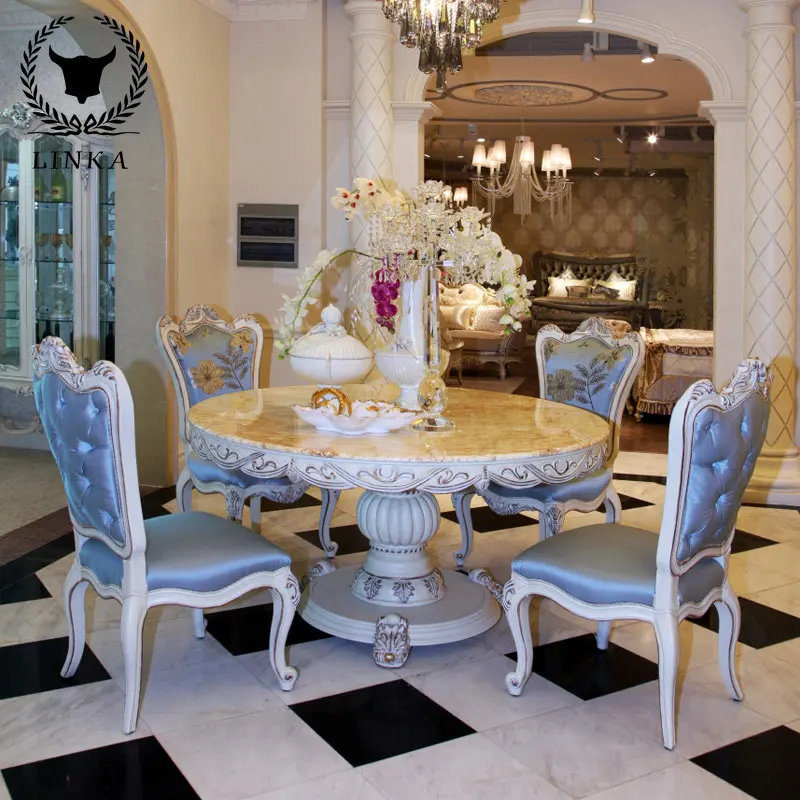 

Европейский роскошный обеденный стол и стул из массива дерева, вилла, французский мрамор, резной круглый обеденный стол