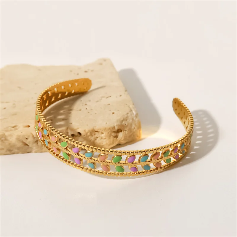 Fashion Women Stainless Steel Jewelry Pop 18K Gold Olive Branch Plant Leaf Colorful Enamel C Shaped Opening Bracelet JDB2012622
Fashion Women Stainless Steel Jewelry Pop 18K Gold Olive Branch Plant Leaf Colorful Enamel C Shaped Opening Bracelet JDB2012622