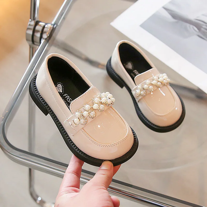 

2-10Y Children Pu Leather Shoes Baby Girls Spring Autumn Flat Heel Slip-on Casual Beading Soft Sole Kids Footwear Hw34