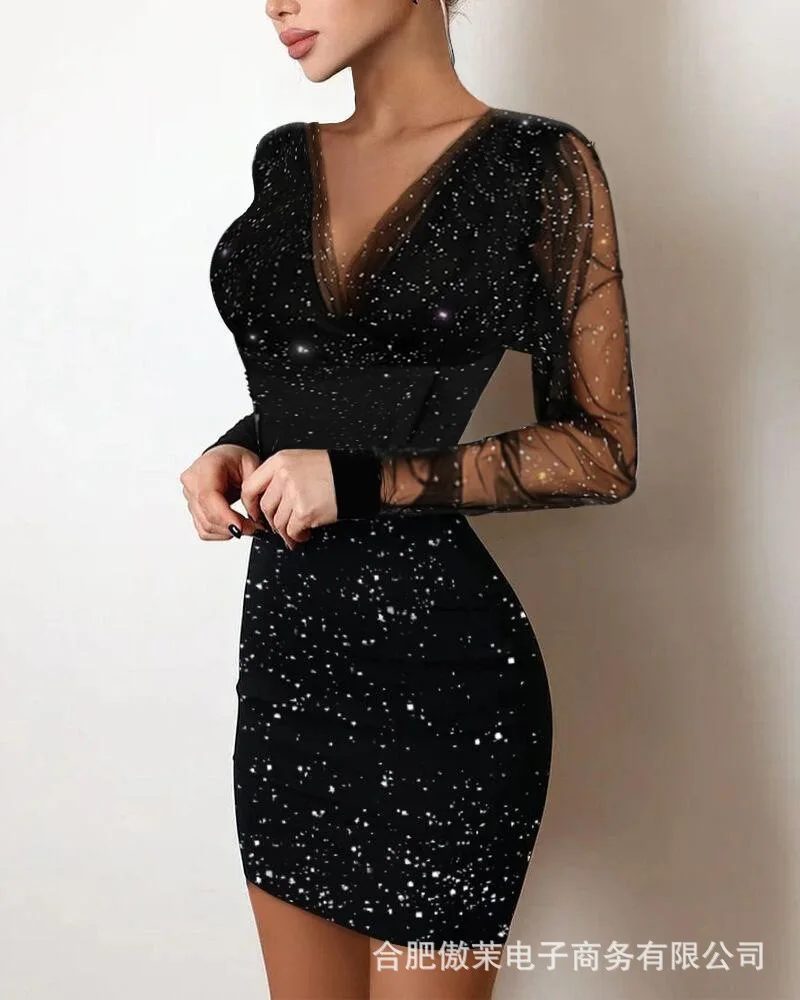 New fashion women's high-waist mesh and powdered tight dress female long-sleeved casual party dresses black
New fashion women's high-waist mesh and powdered tight dress female long-sleeved casual party dresses black