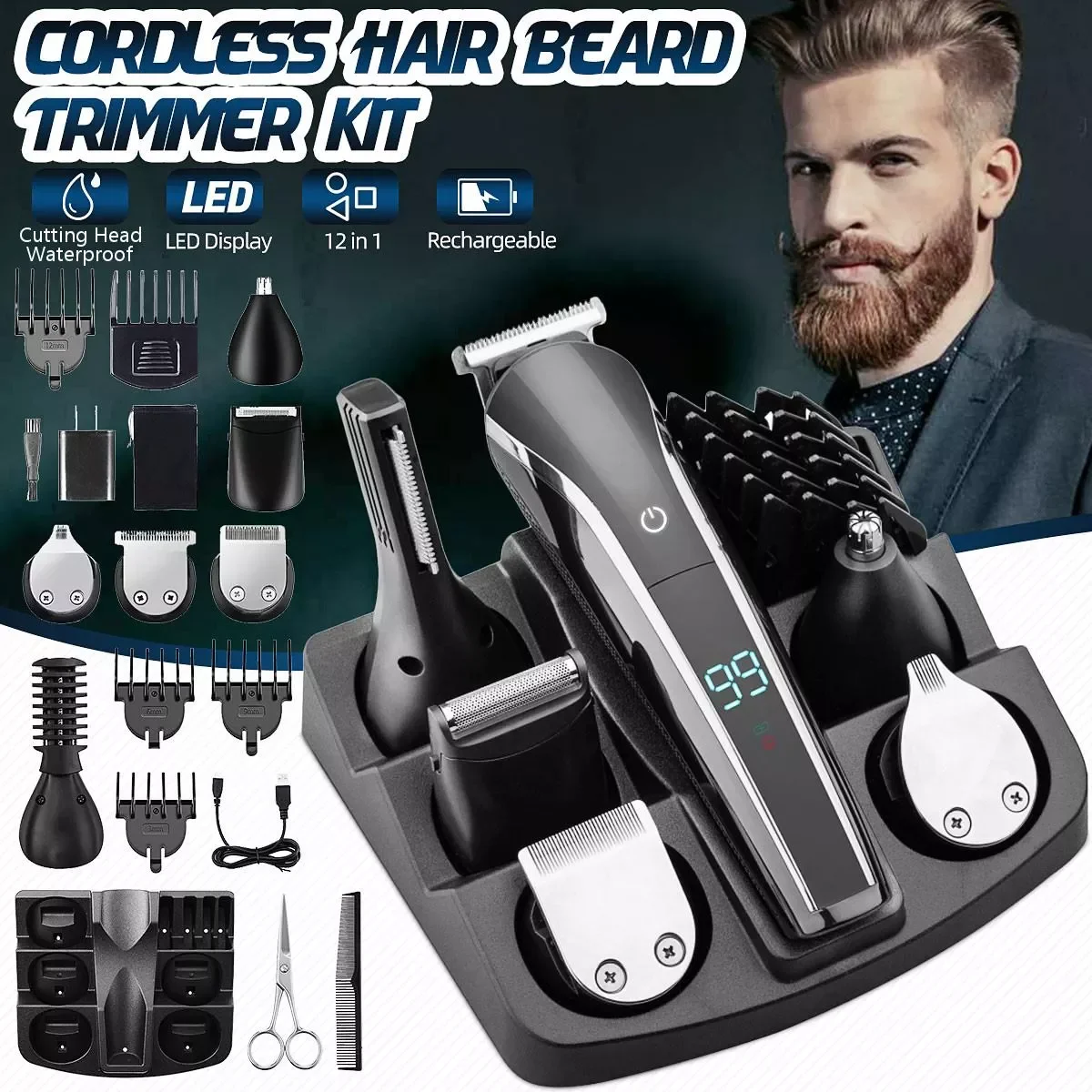 12 in 1 Cordless Multi-functional Hair Beard Trimmer Mustache Grooming Kit Nose Ear Trimmer Hair Clipper Machine Gift For Men
12 in 1 Cordless Multi-functional Hair Beard Trimmer Mustache Grooming Kit Nose Ear Trimmer Hair Clipper Machine Gift For Men