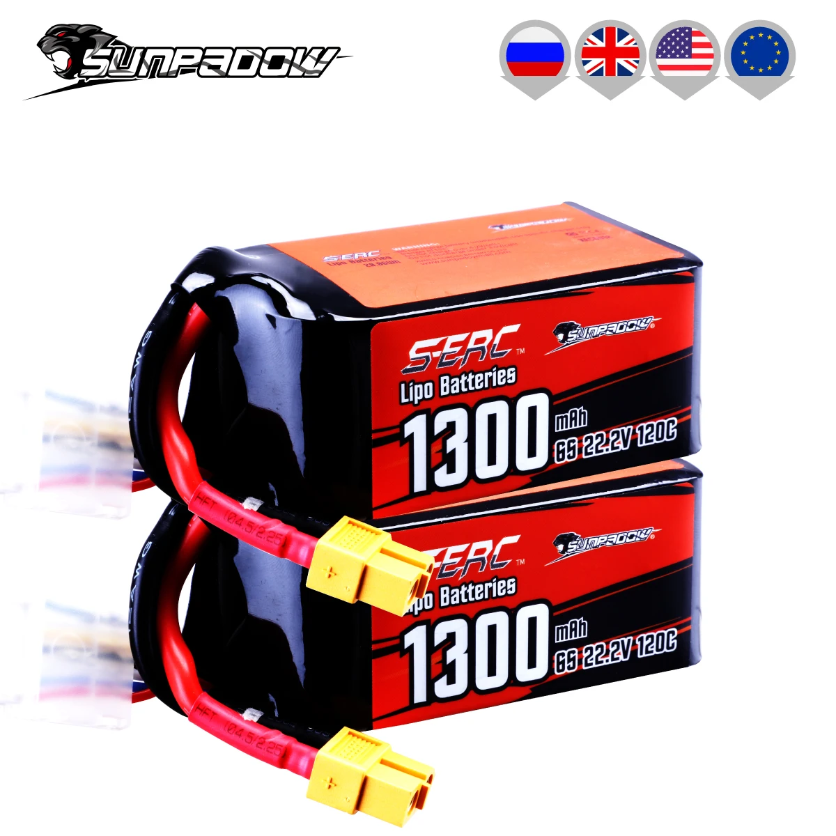 

SUNPADOW 6S 22.2V Lipo Battery 1300mAh 120C with XT60 Connector for RC FPV Quadcopter Airplane Helicopter Aircraft Racing 2 Pack