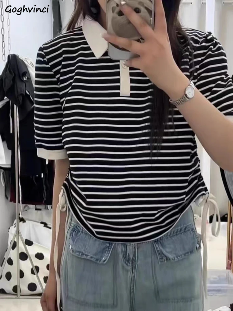 

Striped T-shirts Women Shirring Designed Leisure Ulzzang Summer Preppy Style Soft Gentle Classic Short-sleeve Crop Tops Vintage