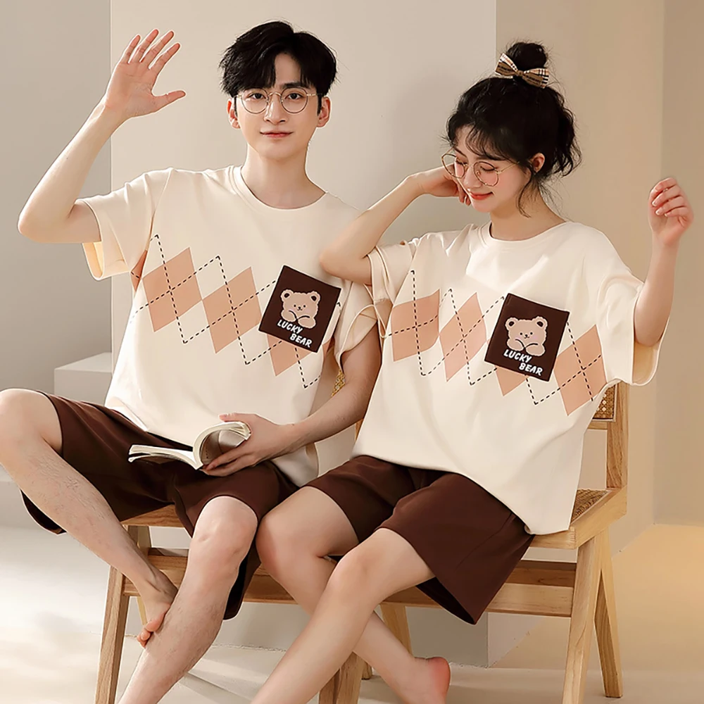 Couple Cartoon Bear Print Sleepwear Women's Summer Cotton Suit Men Casual Short Sleeve Pajama Elastic Shorts Soft Home Clothes
Couple Cartoon Bear Print Sleepwear Women's Summer Cotton Suit Men Casual Short Sleeve Pajama Elastic Shorts Soft Home Clothes