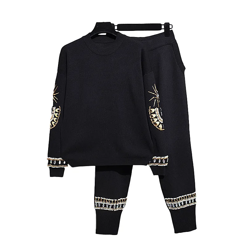 

Autumn Women Fashion Beading Embroidery Loose Long Sleeve Knitwear Sweater Casual Knitted Pants Two Piece Set Female Suit G524