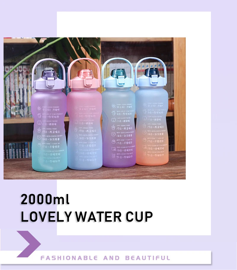 

2L Portable Large-Capacity Water Bottle Time Marker Leak-Proof BPA Frosted Cup For Outdoor Sports Drinking Bottle With Straw