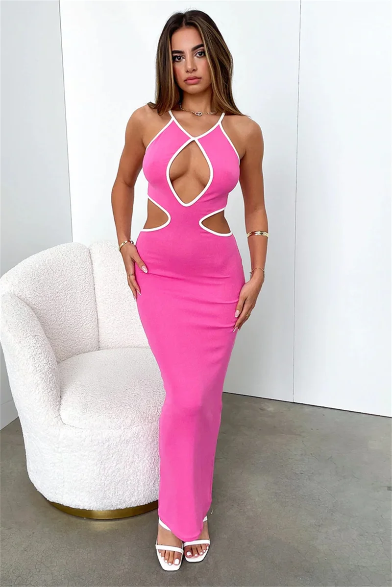 Women's Summer Bodycon Long Dress Halterneck Sleeveless Hollow Out Contrast Color Slim Fitting Elegant Ribbed Dresses
Women's Summer Bodycon Long Dress Halterneck Sleeveless Hollow Out Contrast Color Slim Fitting Elegant Ribbed Dresses