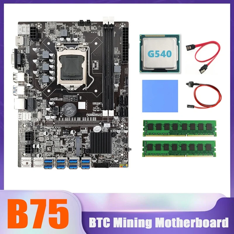 

B75 BTC Miner Motherboard 8XUSB+G540 CPU+2XDDR3 4G 1600Mhz RAM+SATA Cable+Switch Cable+Thermal Pad B75 USB Motherboard