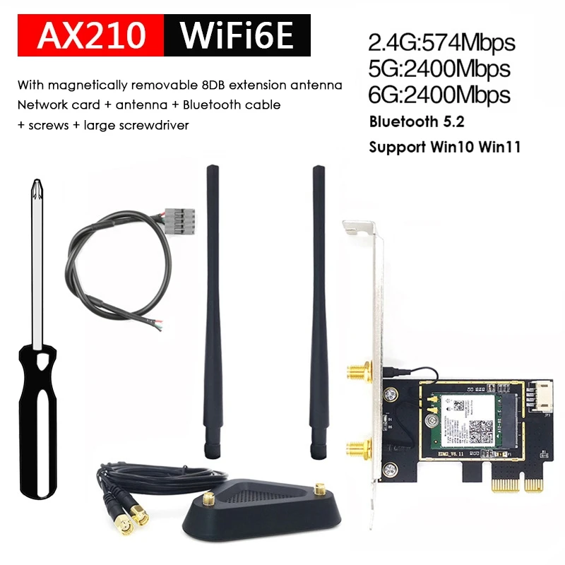 Беспроводная сетевая карта AX210 Wifi6e, беспроводная сетевая карта со съемным удлинителем 8 дБ, антенна
Беспроводная сетевая карта AX210 Wifi6e, беспроводная сетевая карта со съемным удлинителем 8 дБ, антенна