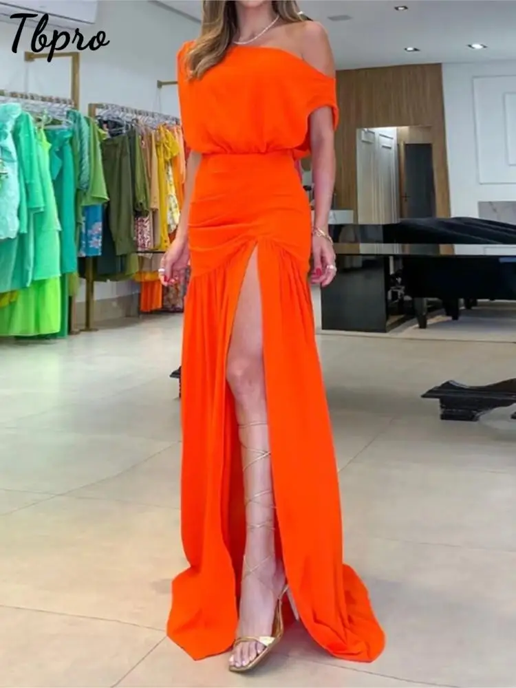 Women's Summer Maxi Dress Fashion Casual With Solid Nipped Waist Slim Slanted Shoulders Pleated Slit Evening Party Dresses
Women's Summer Maxi Dress Fashion Casual With Solid Nipped Waist Slim Slanted Shoulders Pleated Slit Evening Party Dresses