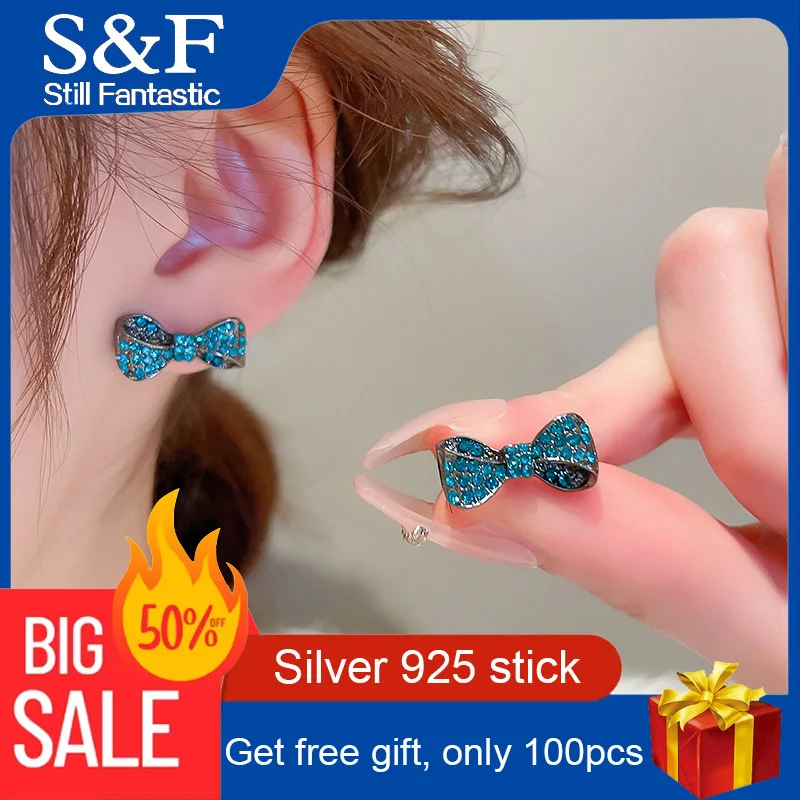 

Bow stud earrings for women blue pendientes silver 925 stick aretes de mujer aesthetic Rhinestones ear rings cute earring