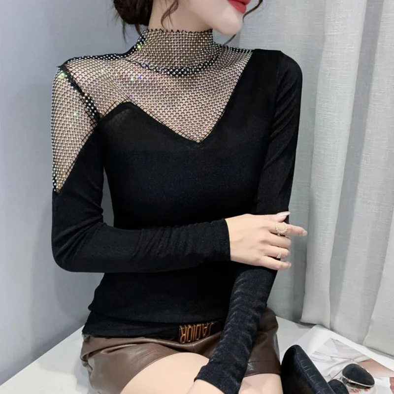 #7931 Black Red T Shirt Women Slim Stretch Cotton Patchwork Hollow Out Diamonds Tight Korean Style Turtleneck Tshirt Long Sleeve
#7931 Black Red T Shirt Women Slim Stretch Cotton Patchwork Hollow Out Diamonds Tight Korean Style Turtleneck Tshirt Long Sleeve