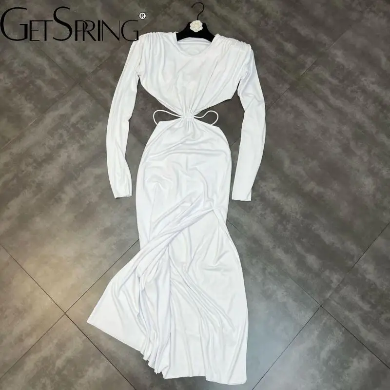 GetSpring Women Dress 2022 Spring Summer Round Neck Shoulder Padded Full Sleeve Hollow Out Drawstring Split Sexy Long Dresses 
GetSpring Women Dress 2022 Spring Summer Round Neck Shoulder Padded Full Sleeve Hollow Out Drawstring Split Sexy Long Dresses
