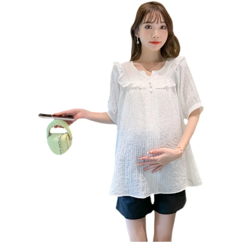 

Summer Vintage Maternity Clothes Set Ruffled Collar Short Sleeve Pregnant Women Blouses Abdominal Shorts Twinset Pregnancy Suits