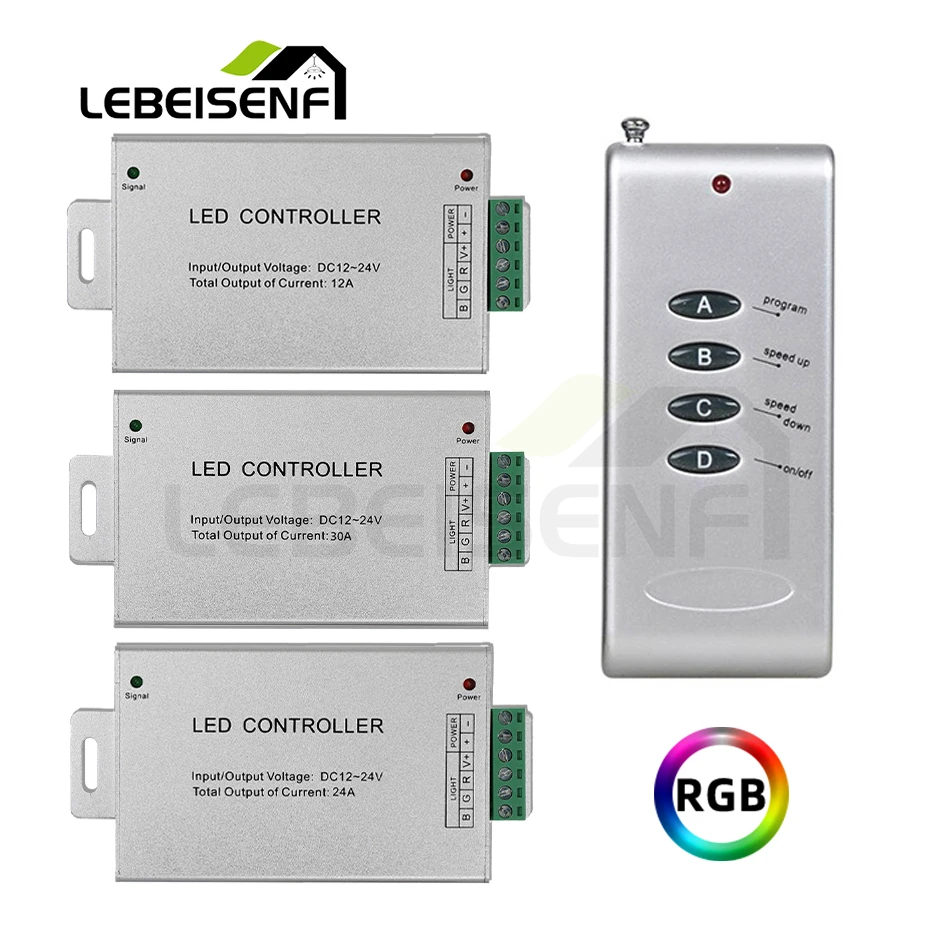 12A 24A 30A RGB Controller 12V 24V DC Aluminum Shell 3CH LED Pwm Dimmer with RF 4 Key Wireless Remote for Colorful Strip Lights
12A 24A 30A RGB Controller 12V 24V DC Aluminum Shell 3CH LED Pwm Dimmer with RF 4 Key Wireless Remote for Colorful Strip Lights