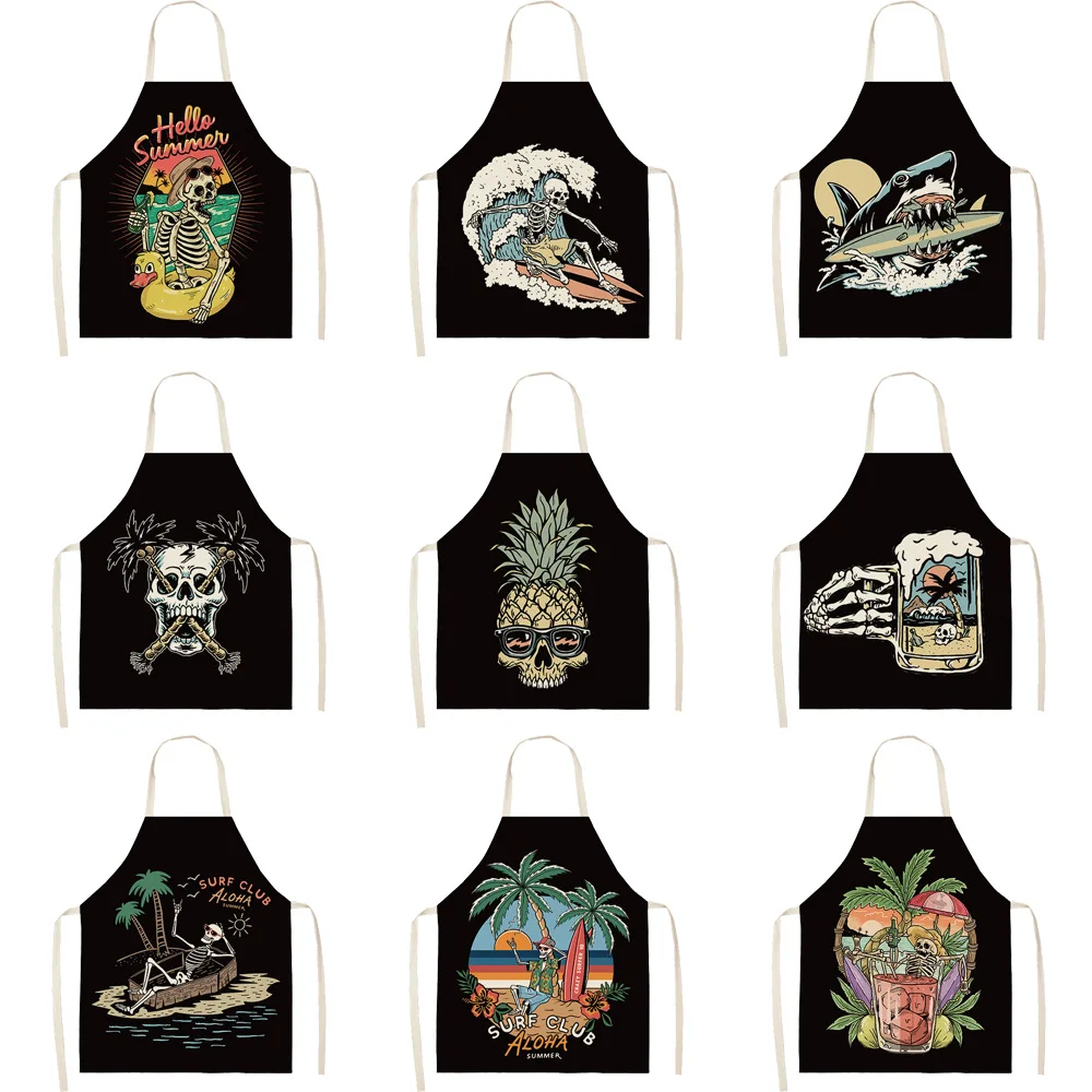 

Punk Skull Print Women's Kitchen Apron Waterproof Cooking Oilproof Linen Antifouling Chef Apron Household Cleaning Tools