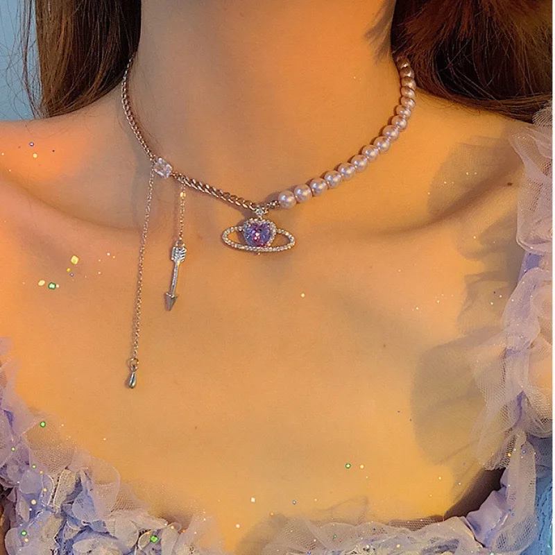 

50pcs Pearl Chokers Necklace Woman Planet Bridal Wedding Necklaces Link Chain Pendant Girls Jewelry Gold Color Kpop Saturn