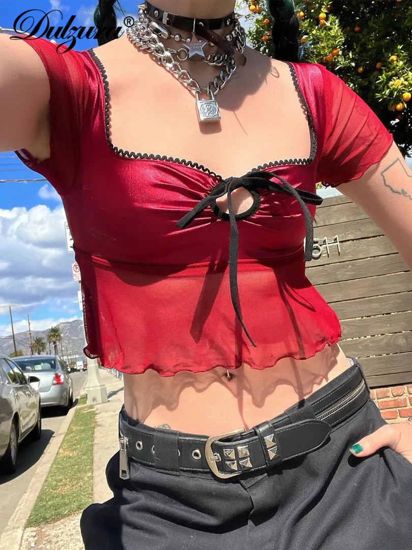 Dulzura Mesh Patchwork Lace Up Short Sleeve Satin T Shirt Harajuku Tee Y2K Coquette Aesthetic 2022 Summer Clothes Crop Top
Dulzura Mesh Patchwork Lace Up Short Sleeve Satin T Shirt Harajuku Tee Y2K Coquette Aesthetic 2022 Summer Clothes Crop Top