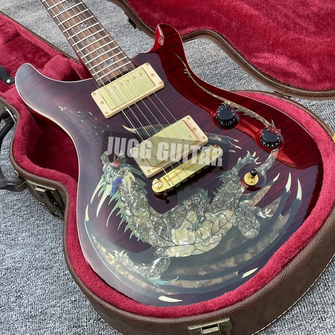 Paul Dragon Dark Red Flame Maple Electric Guitar Abalone Birds Inlay, Wrap Arround Tailpiece, Wood Body Binding, Gold Hardware
Paul Dragon Dark Red Flame Maple Electric Guitar Abalone Birds Inlay, Wrap Arround Tailpiece, Wood Body Binding, Gold Hardware