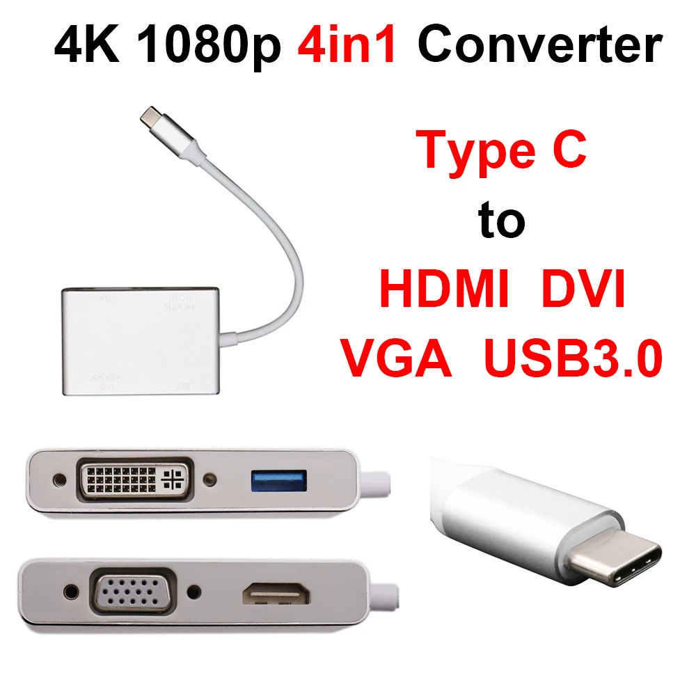 4 в 1 адаптер-преобразователь USB 3 Type-C HDMI DVI VGA USB3.0 4K 1080p штекер-гнездо | Электроника