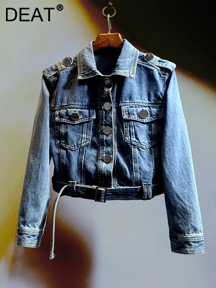 

Женская джинсовая куртка DEAT, однотонная короткая однобортная куртка с длинным рукавом, поясом и высокой талией, осень 2023
