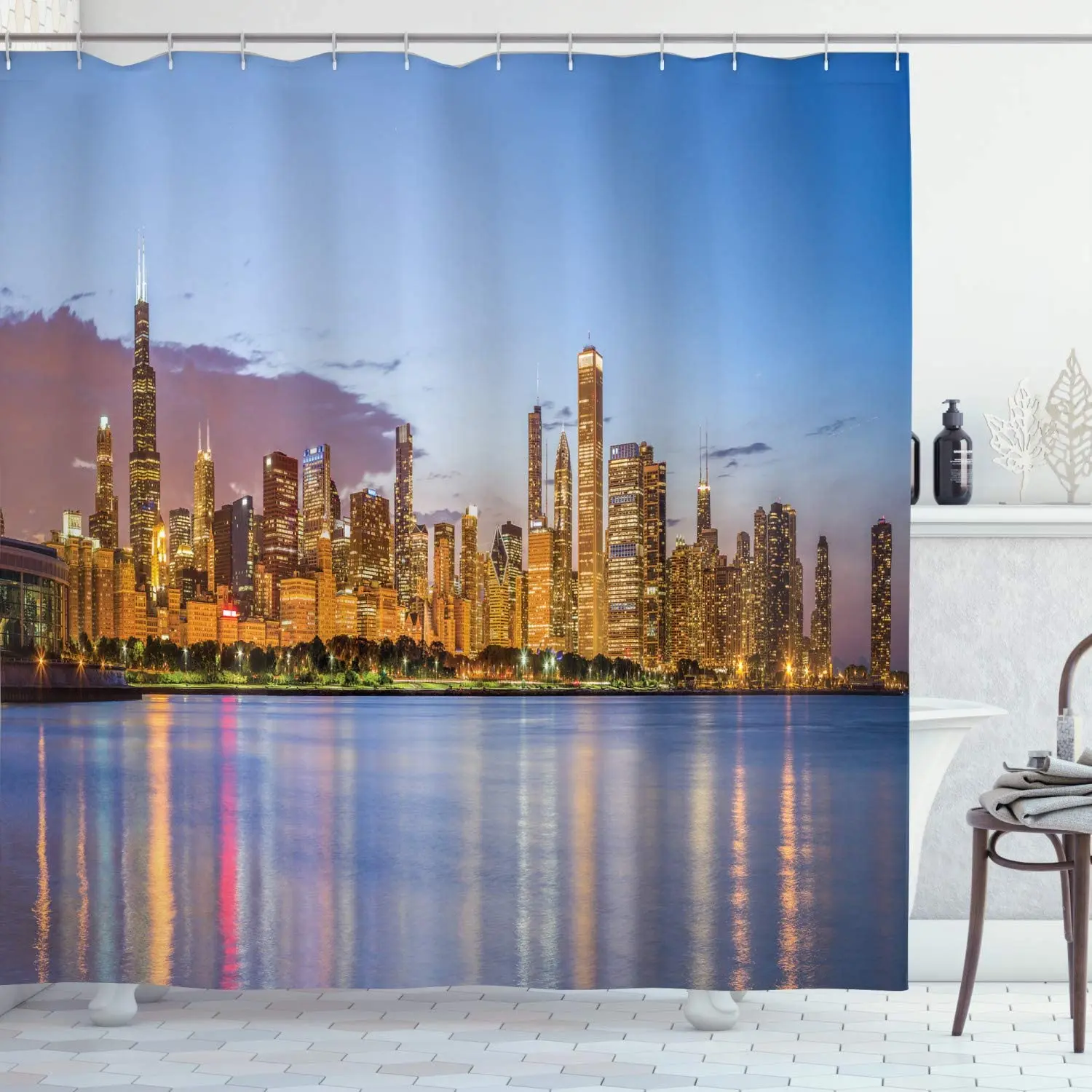 Illinois Shower Curtain, Picturesque Chicago City from Lake Michigan Reflections USA Night American, Cloth Fabric Bath
Illinois Shower Curtain, Picturesque Chicago City from Lake Michigan Reflections USA Night American, Cloth Fabric Bath