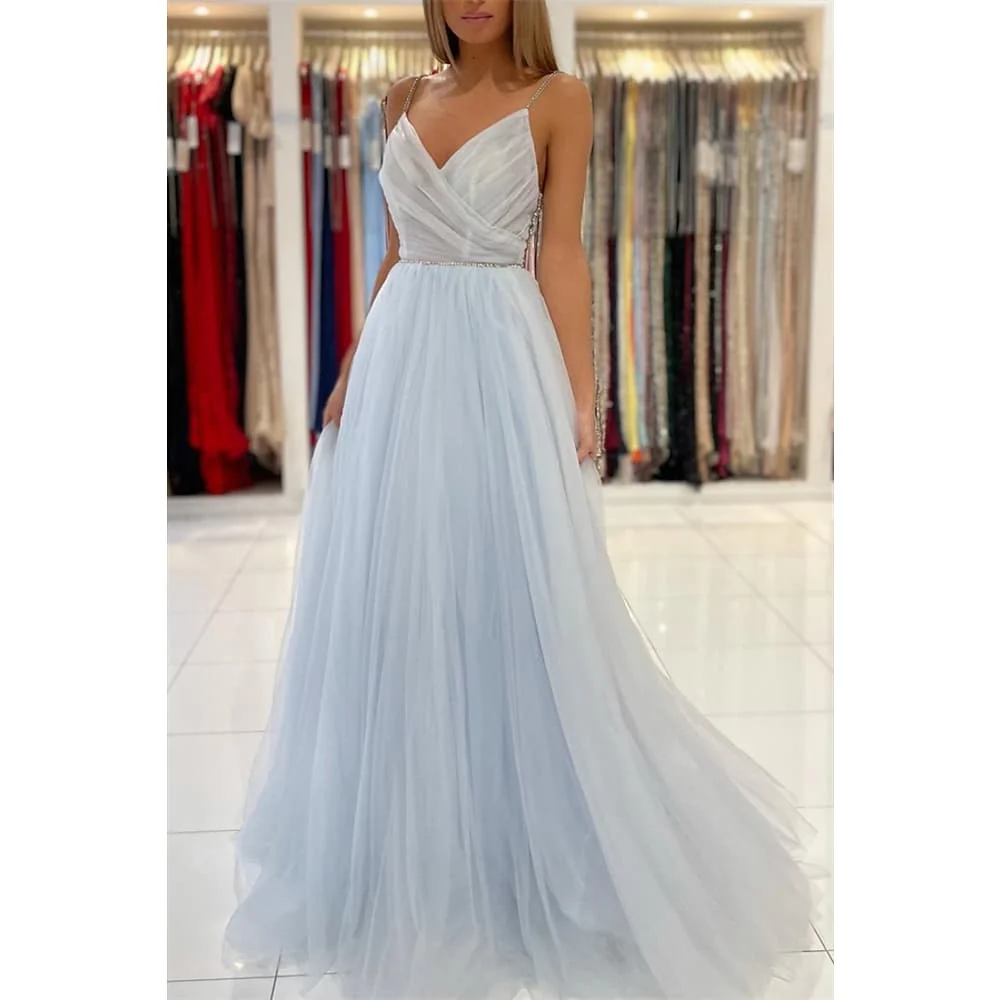Elegant V Neck Crystal Beaded Party Gown A Line Light Blue Tulle Long Formal Occasion Evening Dresses
Elegant V Neck Crystal Beaded Party Gown A Line Light Blue Tulle Long Formal Occasion Evening Dresses